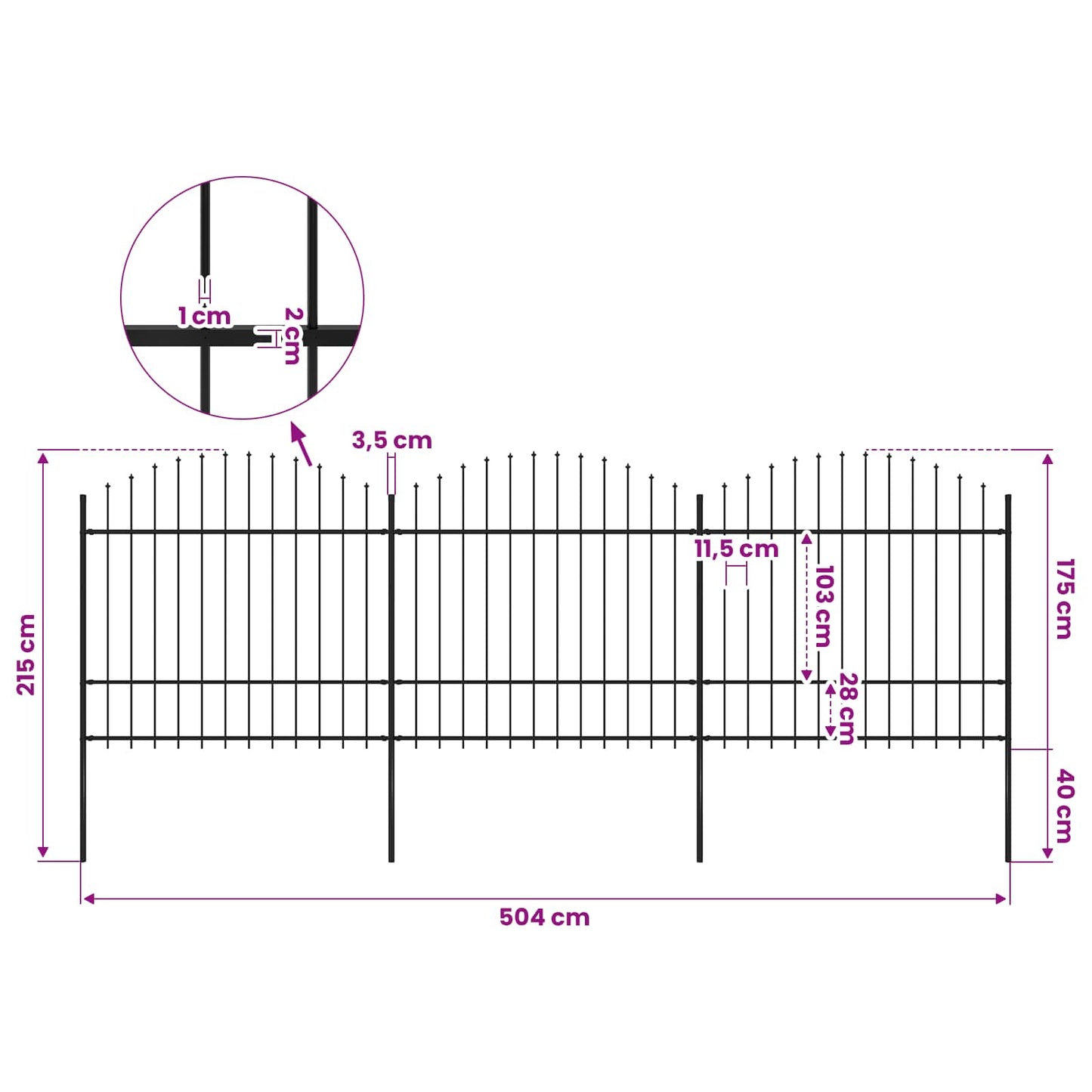 Garden Fence with Spear Top Steel 504x175 cm Black
