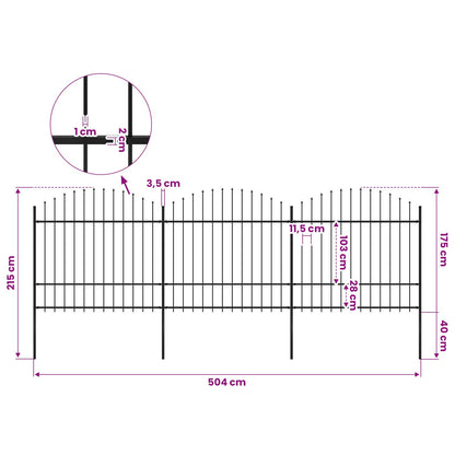 Garden Fence with Spear Top Steel 504x175 cm Black