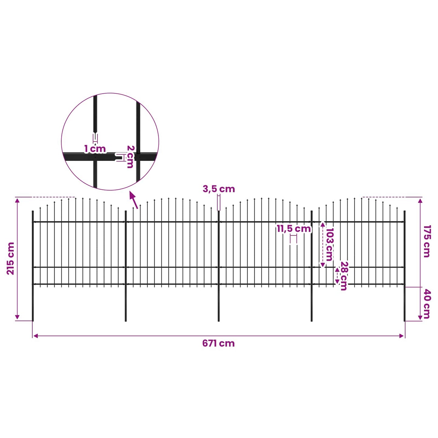 Garden Fence with Spear Top Steel 671x175 cm Black