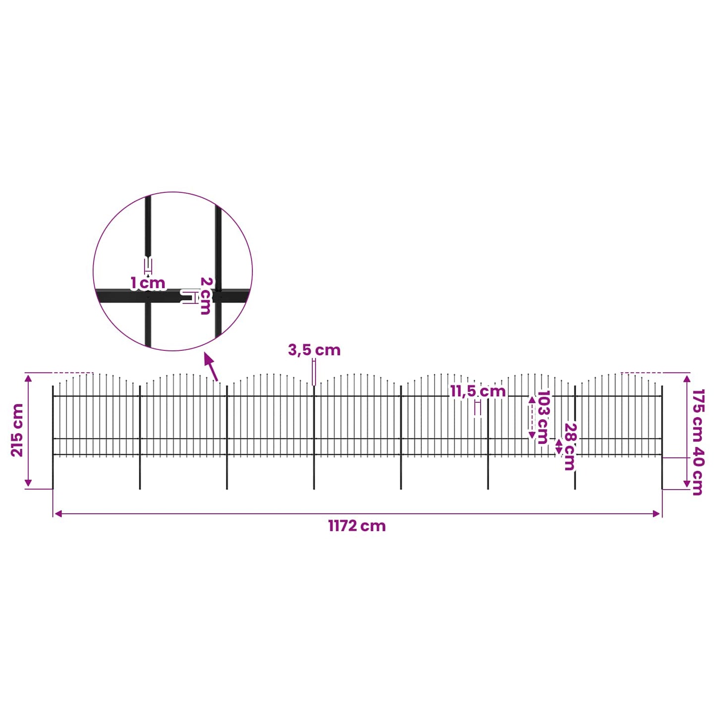 Garden Fence with Spear Top Steel 1172x175 cm Black