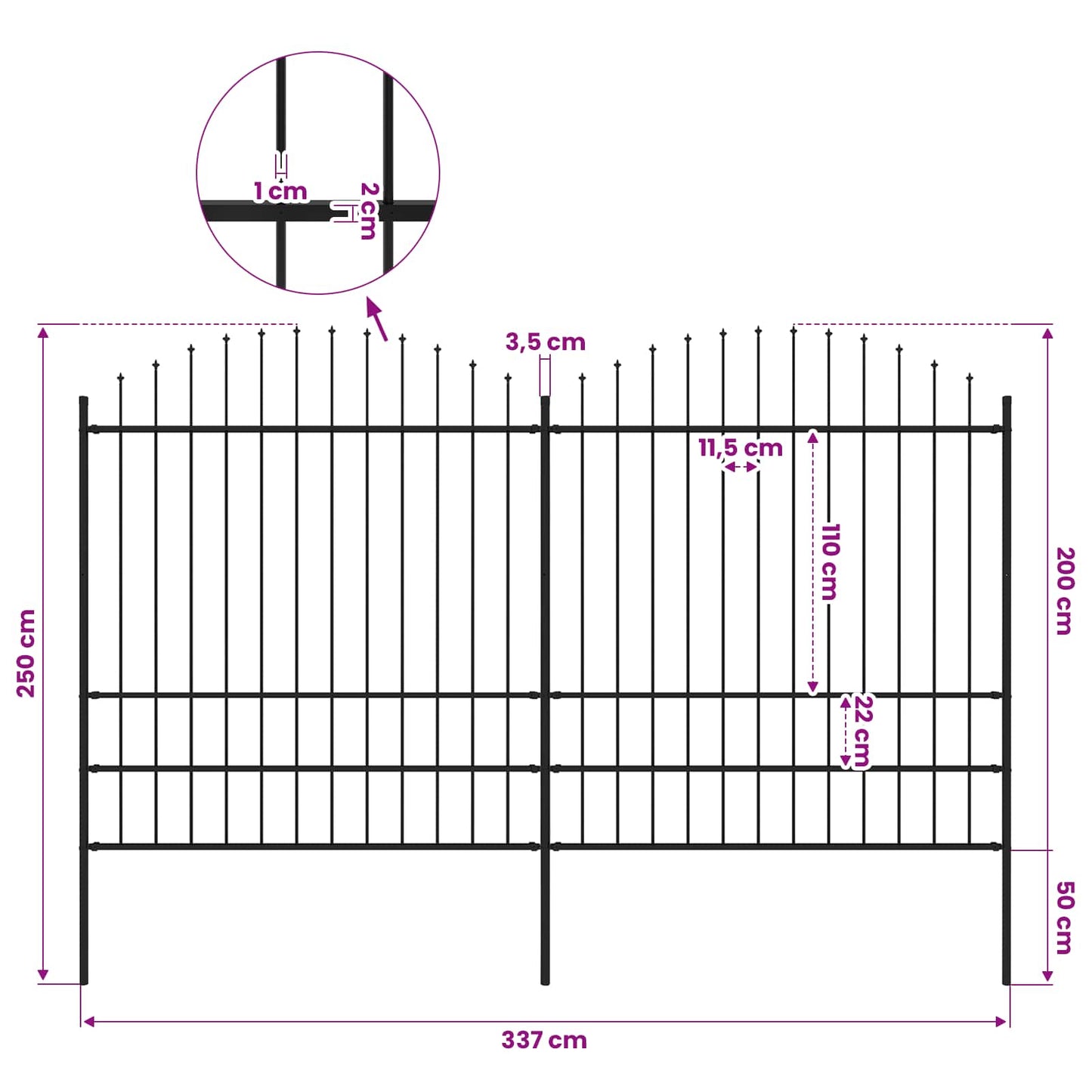 Garden Fence with Spear Top Steel 337x200 cm Black