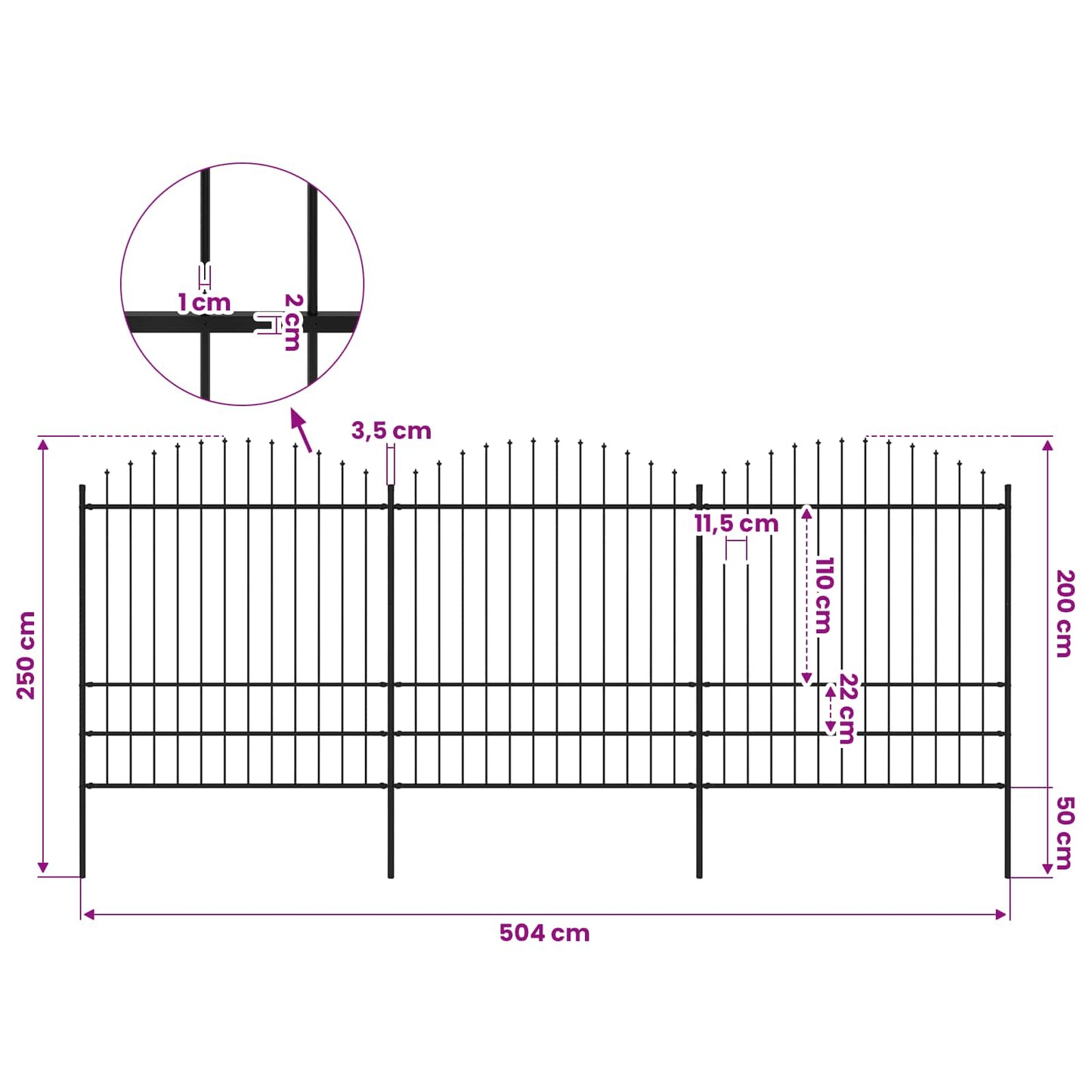Garden Fence with Spear Top Steel 504x200 cm Black