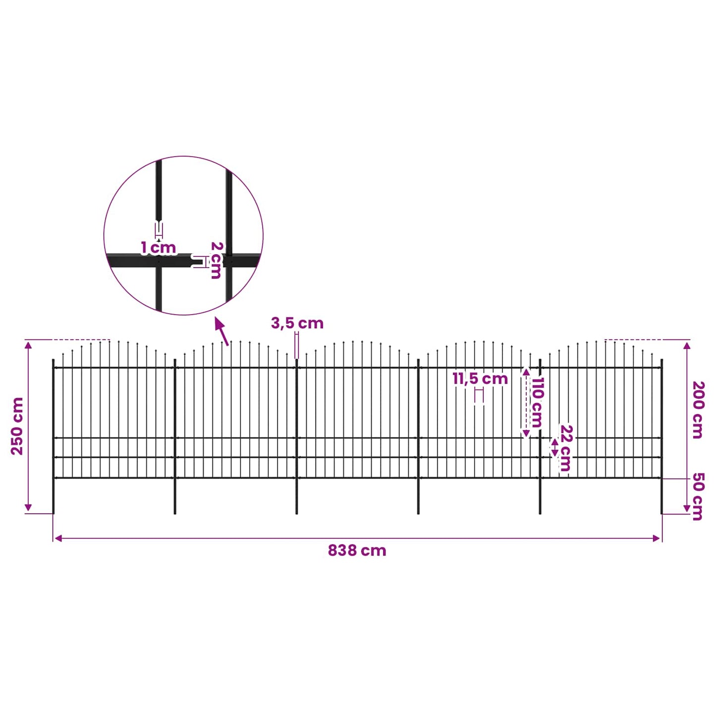 Garden Fence with Spear Top Steel 838x200 cm Black