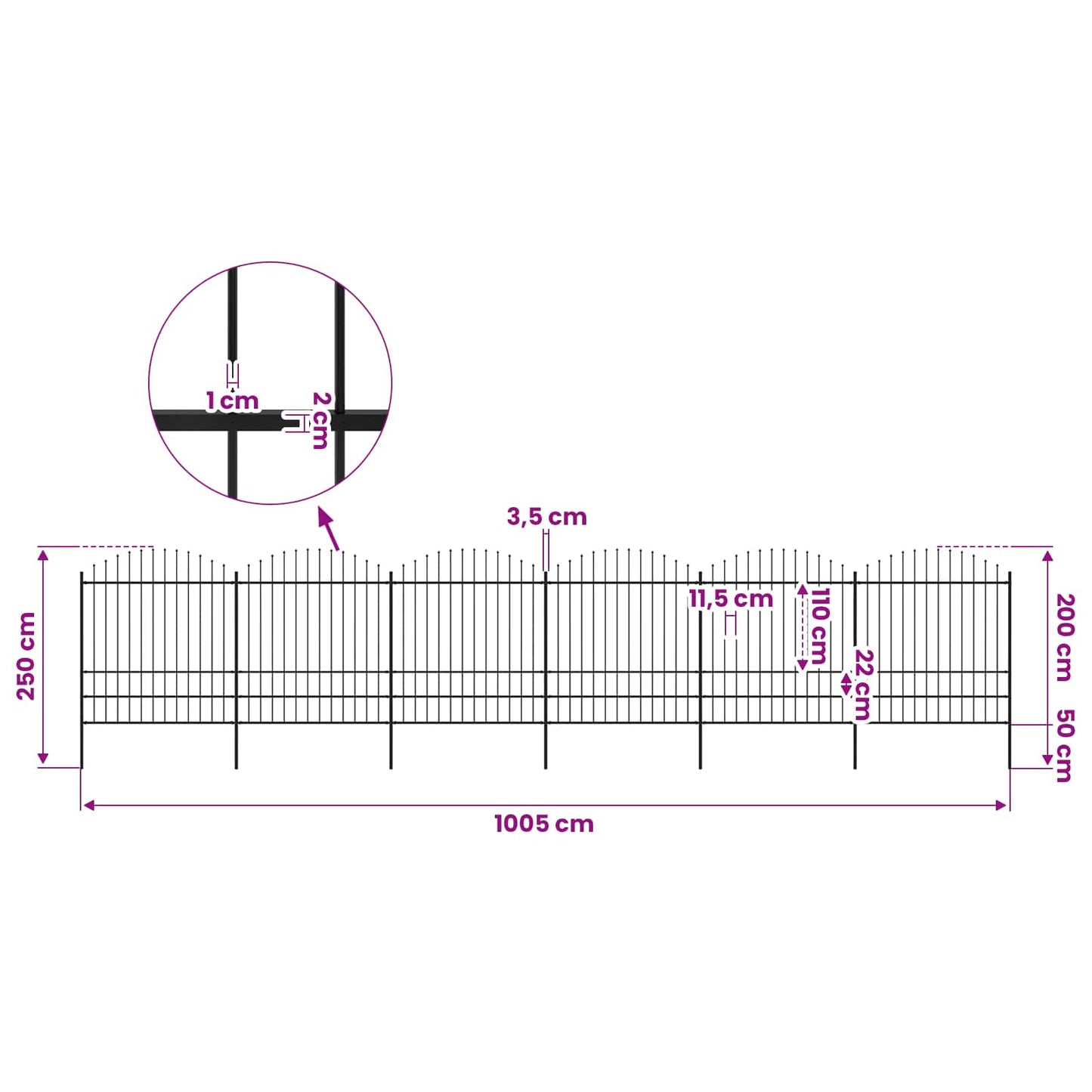 Garden Fence with Spear Top Steel 1005x200 cm Black