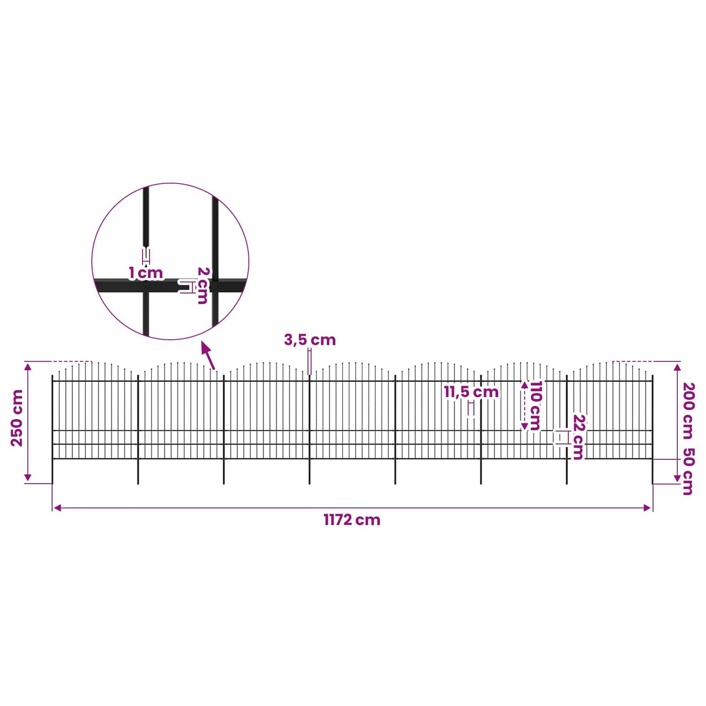 Garden Fence with Spear Top Steel 1172x200 cm Black