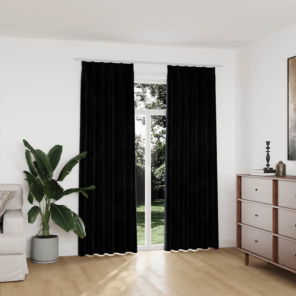 Blackout Curtains 2 pcs with Hooks Velvet Black 140x225 cm