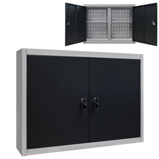 145365 vidaXL Wall Mounted Tool Cabinet Industrial Style Metal Grey and Black