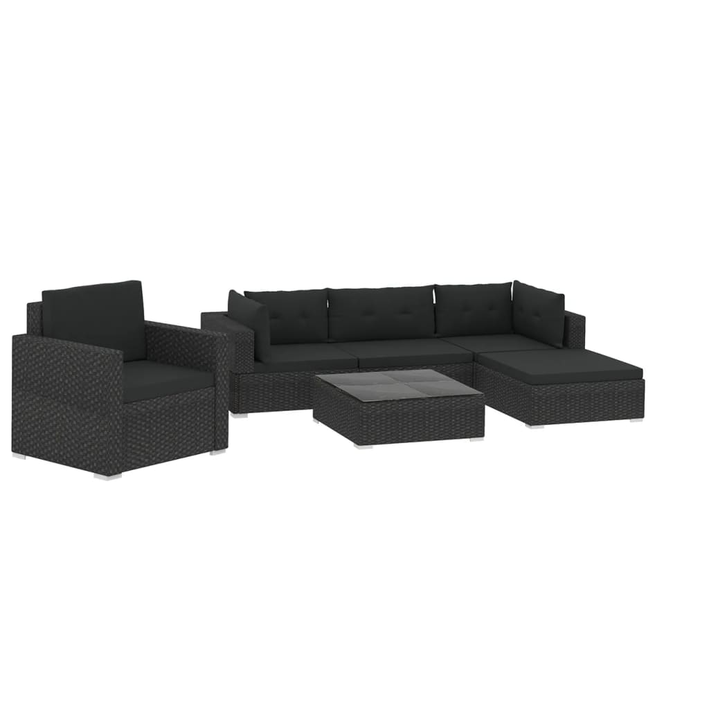Garden Sofa | Black | PE Rattan, Powder-Coated Steel | 6 Piece Set