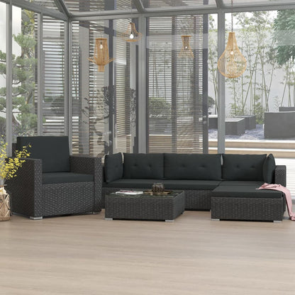 Garden Sofa | Black | PE Rattan, Powder-Coated Steel | 6 Piece Set