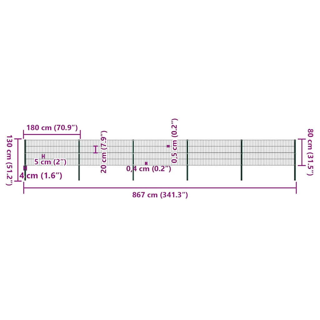 Fence Panel with Posts Iron 867x80 cm Green