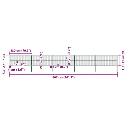 Fence Panel with Posts Iron 867x80 cm Green