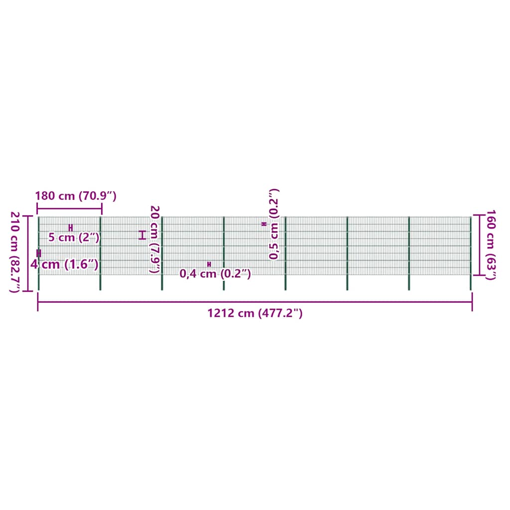Fence Panel with Posts Iron 1212x160 cm Green