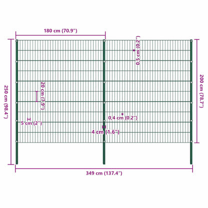 Fence Panel with Posts Iron 349x200 cm Green