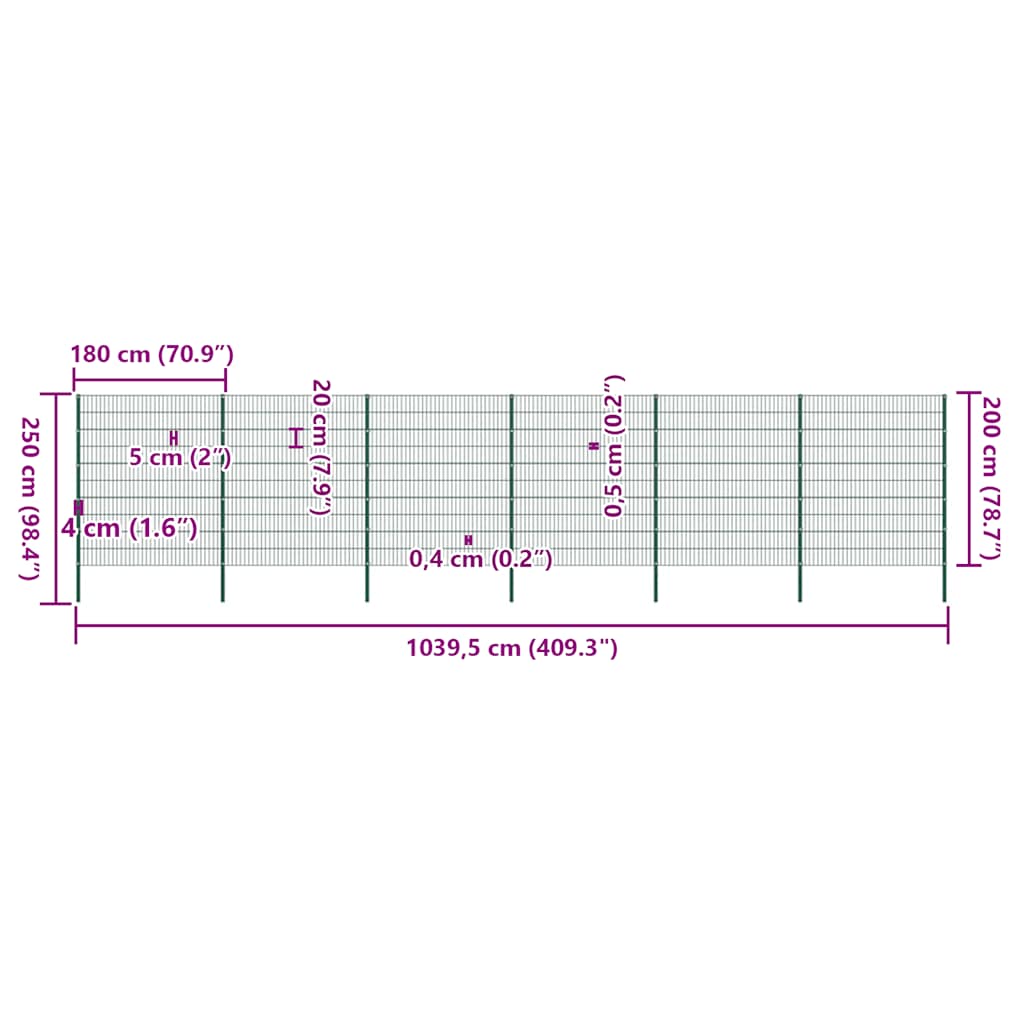 Fence Panel with Posts Iron 1040x200 cm Green
