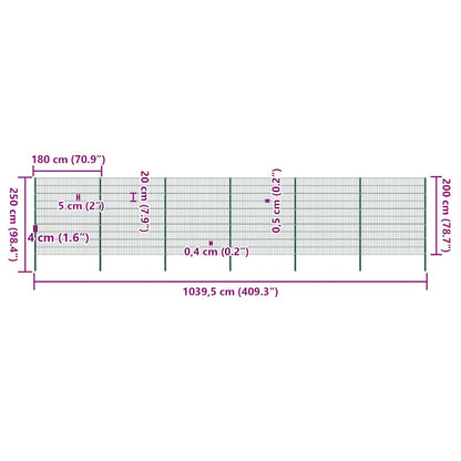 Fence Panel with Posts Iron 1040x200 cm Green