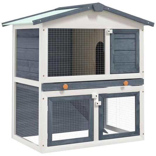 Rabbit Hutch | Grey and white | Solid pine wood, powder-coated iron mesh