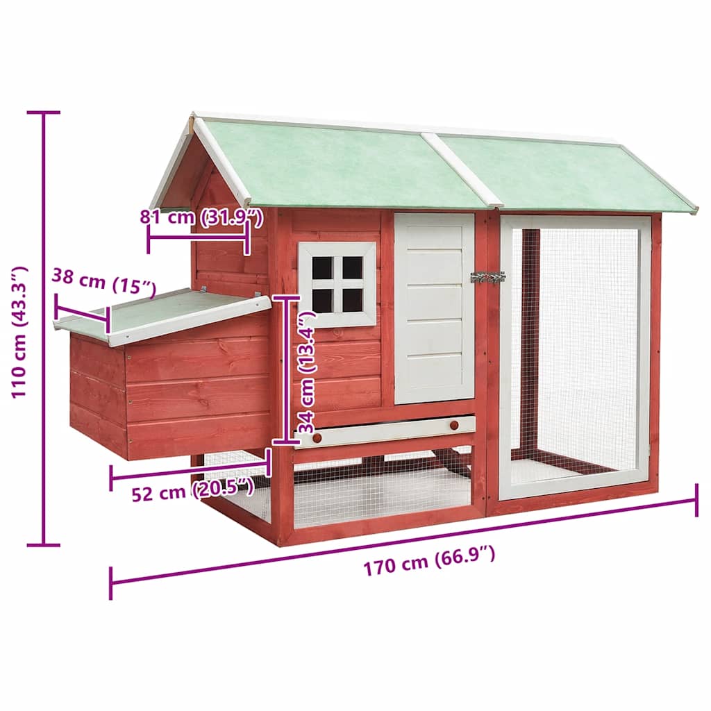 Chicken Cage Red 170x81x110 cm Solid Pine & Fir Wood