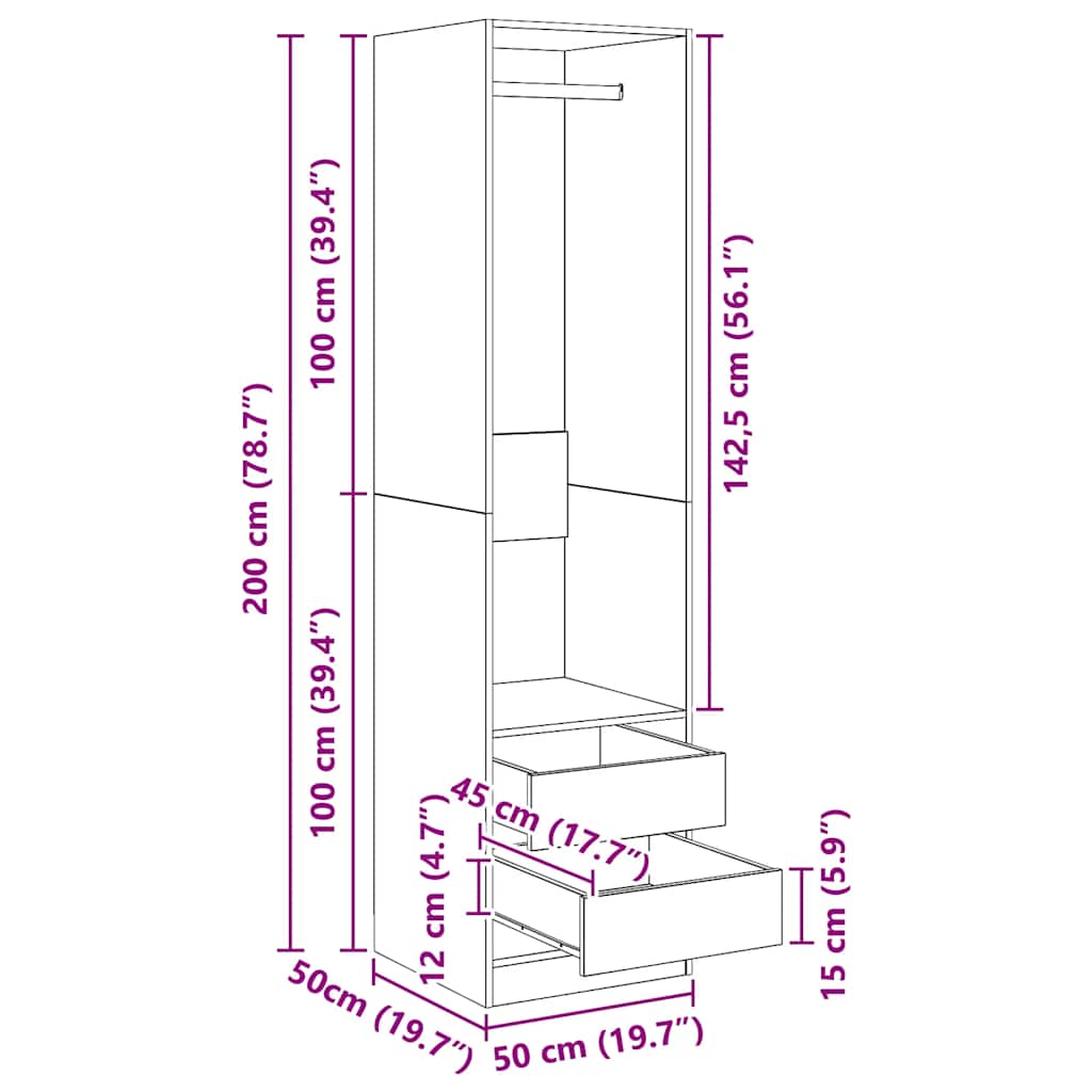 Wardrobe with Drawers Concrete Grey 50x50x200 cm Engineered Wood