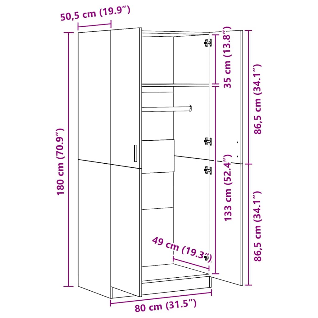 800621 vidaXL Wardrobe White 80x52x180 cm Engineered Wood