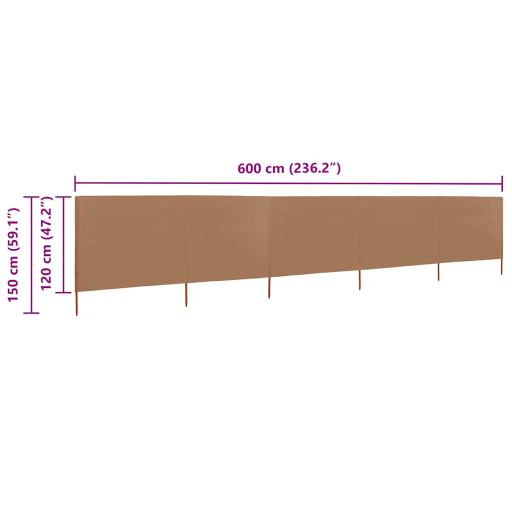 47163 vidaXL 5-panel Wind Screen Fabric 600x120 cm Taupe