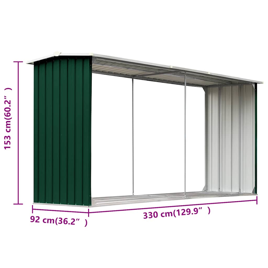 Garden Log Storage Shed Galvanised Steel 330x92x153 cm Green