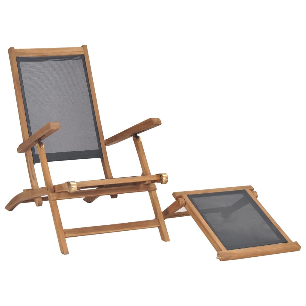 Deck Chair | Black | Solid Teak Wood | 152 cm x 60 cm x 90 cm | Foldable