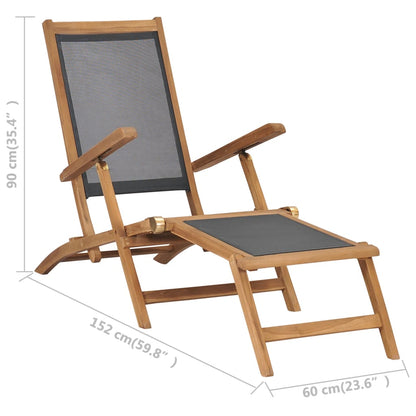 Deck Chair | Black | Solid Teak Wood | 152 cm x 60 cm x 90 cm | Foldable