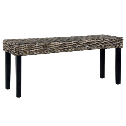Bench 110 cm Black Natural Kubu Rattan and Solid Mahogany Wood