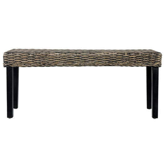Bench 110 cm Black Natural Kubu Rattan and Solid Mahogany Wood