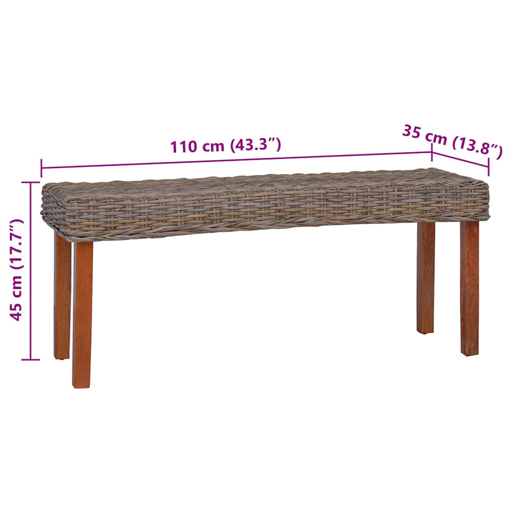 285791 vidaXL Bench 110 cm Natural Kubu Rattan and Solid Mahogany Wood