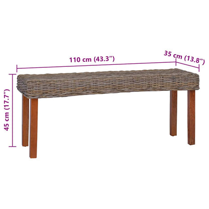 285791 vidaXL Bench 110 cm Natural Kubu Rattan and Solid Mahogany Wood