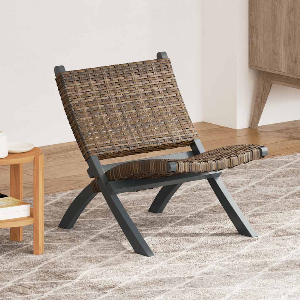 Relaxing Chair Grey Natural Kubu Rattan and Solid Mahogany Wood