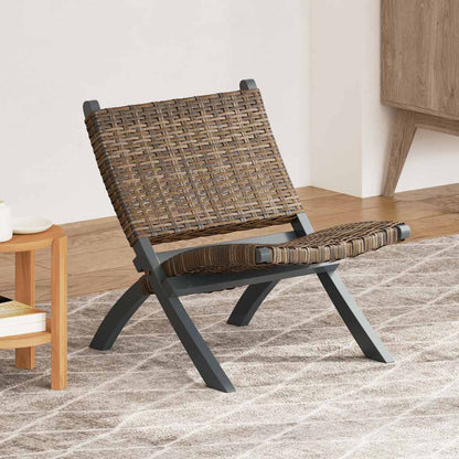 Relaxing Chair Grey Natural Kubu Rattan and Solid Mahogany Wood