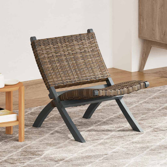 Relaxing Chair Grey Natural Kubu Rattan and Solid Mahogany Wood
