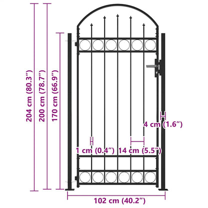 Fence Gate ASSEN with Arched Top and 2 Posts 105x170 cm Black