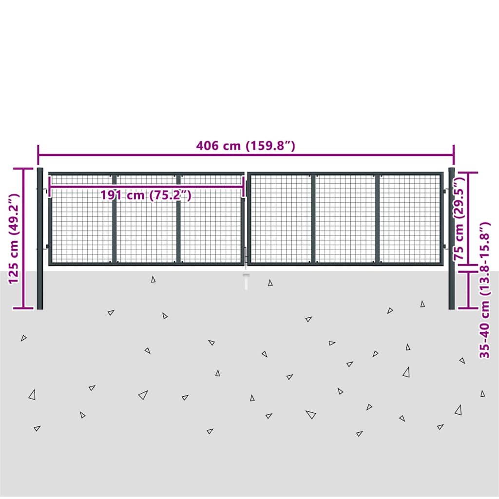 145776 vidaXL Mesh Garden Gate Galvanised Steel 400x75 cm Grey