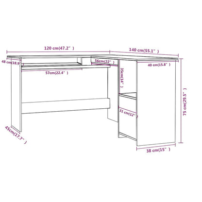 800748 vidaXL L-Shaped Corner Desk Black 120x140x75 cm Engineered Wood