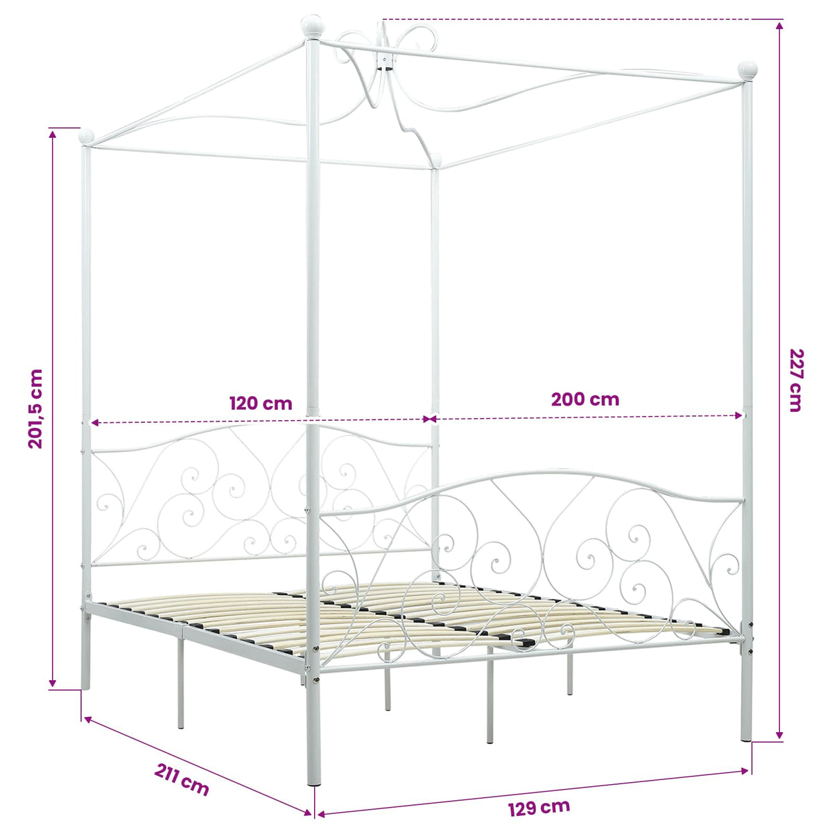 Canopy Bed Frame without Mattress White Metal 120x200 cm