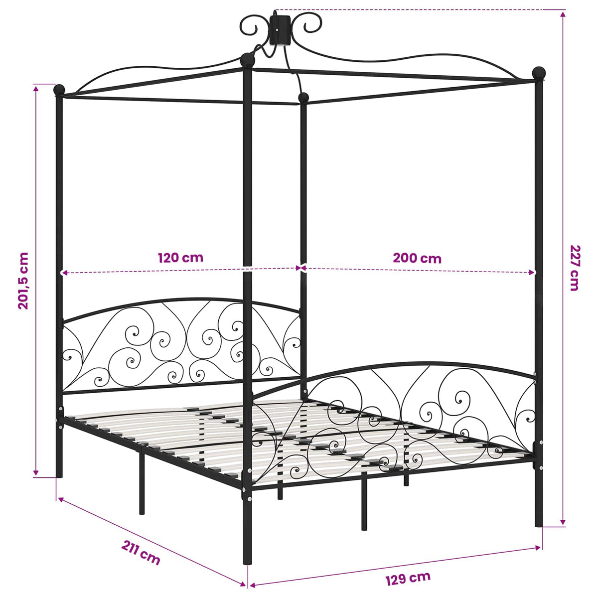 Canopy Bed Frame without Mattress Black Metal 120x200 cm