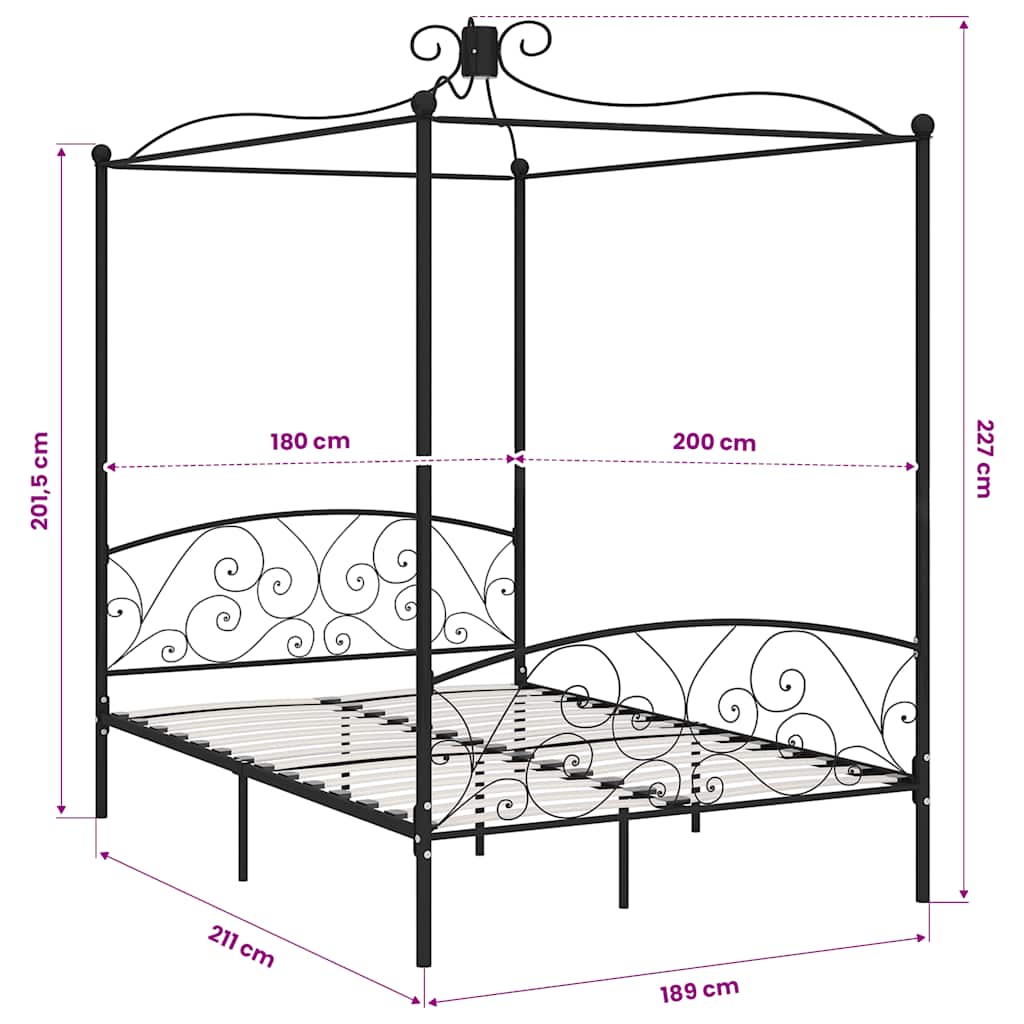 284479 vidaXL Canopy Bed Frame without Mattress Black Metal 180x200 cm Super King