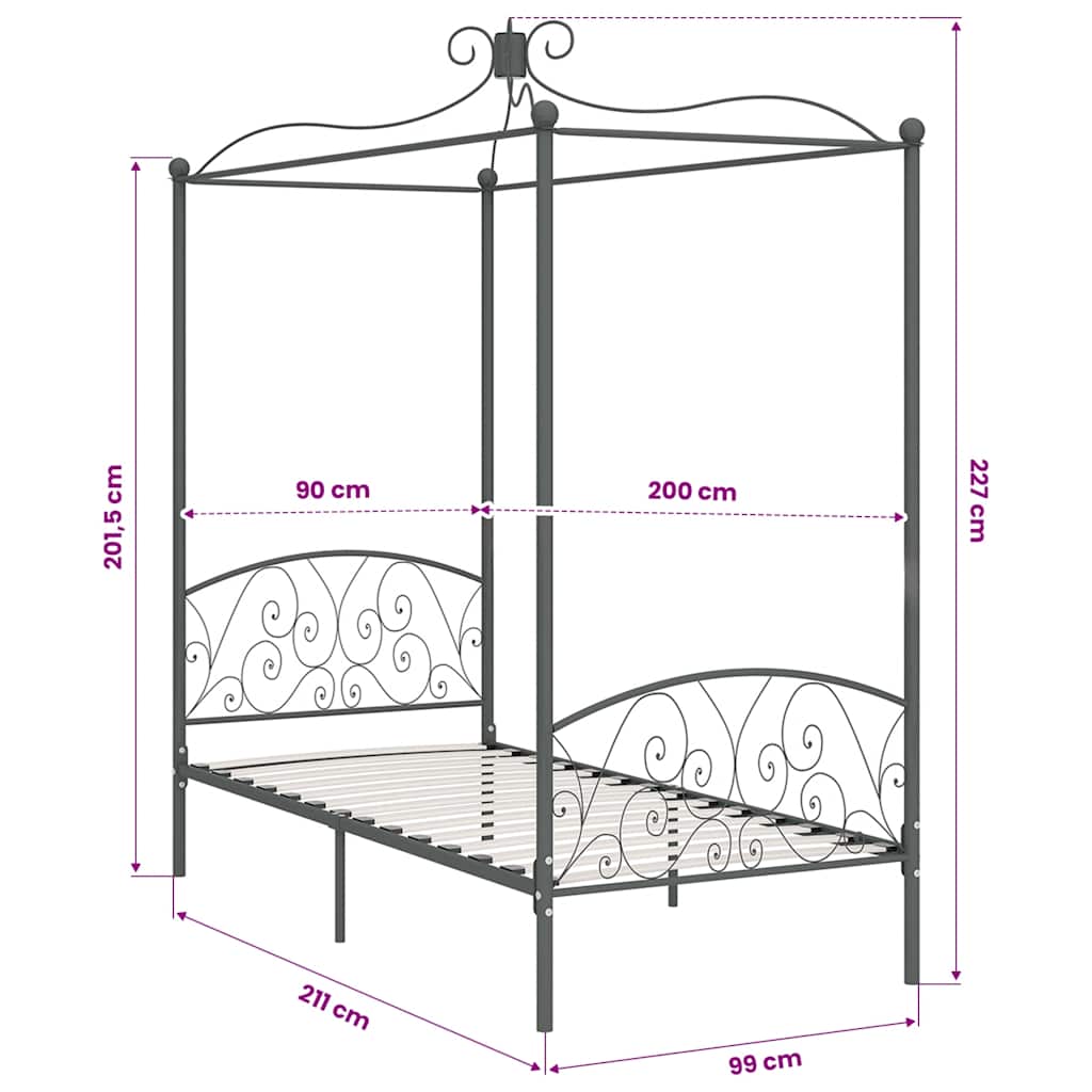 Canopy Bed Frame without Mattress Grey Metal 90x200 cm