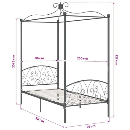 Canopy Bed Frame without Mattress Grey Metal 90x200 cm