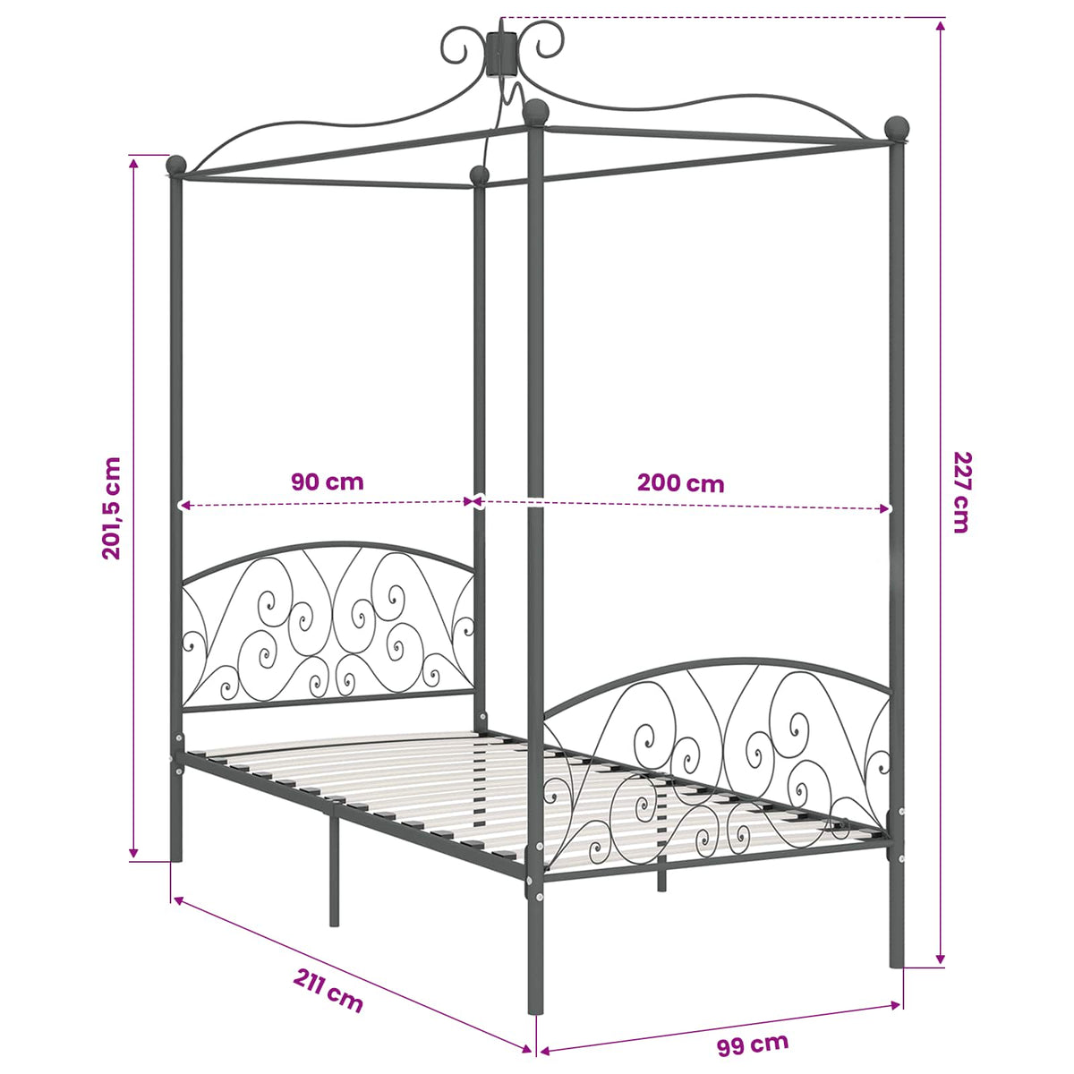 Canopy Bed Frame without Mattress Grey Metal 90x200 cm