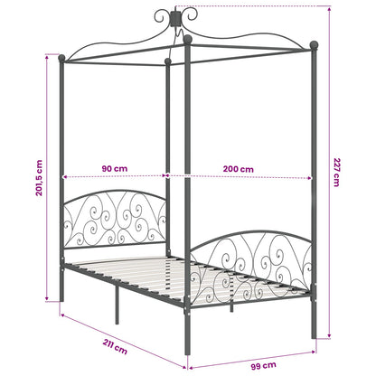 Canopy Bed Frame without Mattress Grey Metal 90x200 cm
