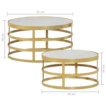 2 Piece Coffee Table Set Marble Brass and White