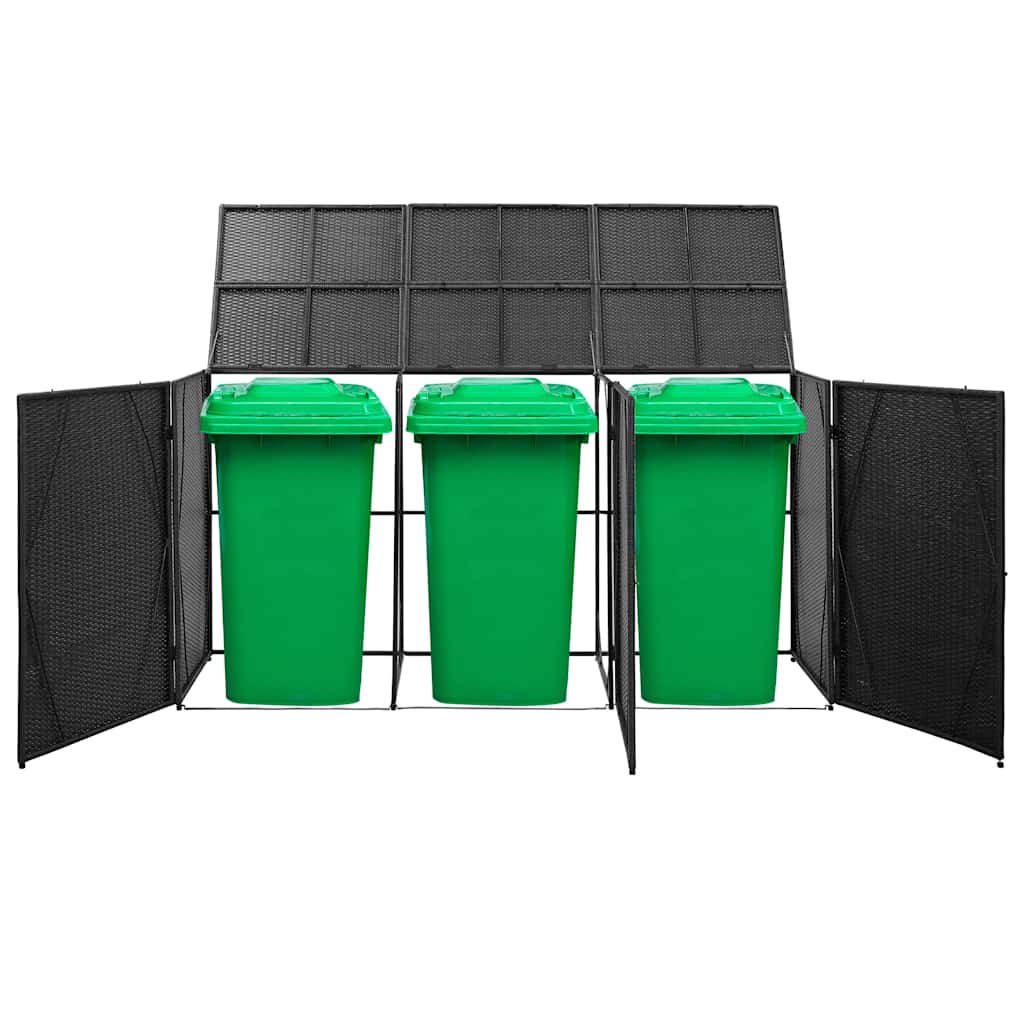 46734 vidaXL Triple Wheelie Bin Shed Black 229x78x120 cm Poly Rattan