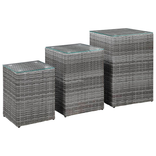Side Table | Set of 3 | Grey | Poly rattan, glass, metal