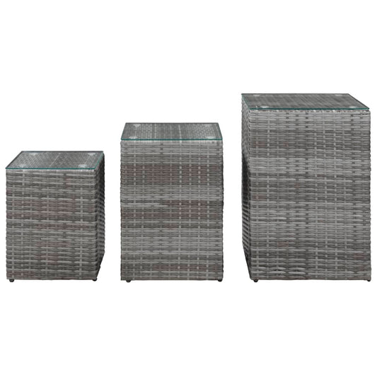 Side Table | Set of 3 | Grey | Poly rattan, glass, metal