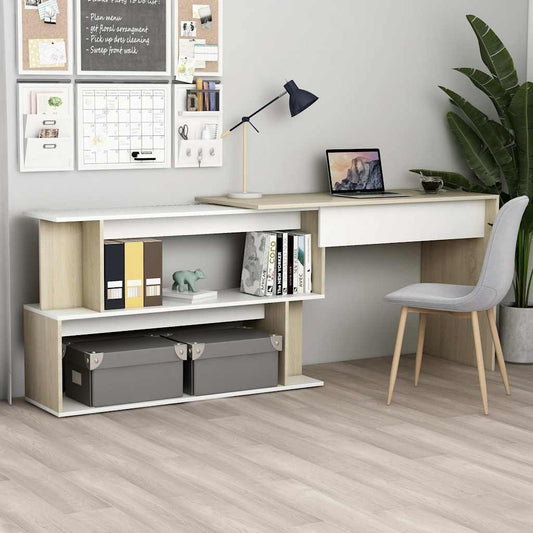 801103 vidaXL Corner Desk White and Sonoma Oak 200x50x76 cm Engineered Wood