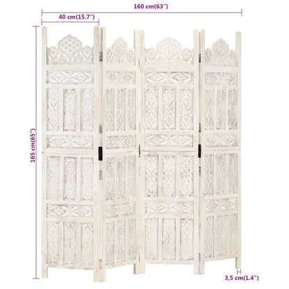 Hand carved 4-Panel Room Divider White 160x165 cm Solid Mango Wood